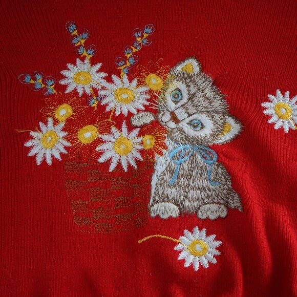 Vintage JCPenney Womens Medium Embroidered Sweater (Kitten, Cat, Flowers) - Picture 5 of 9